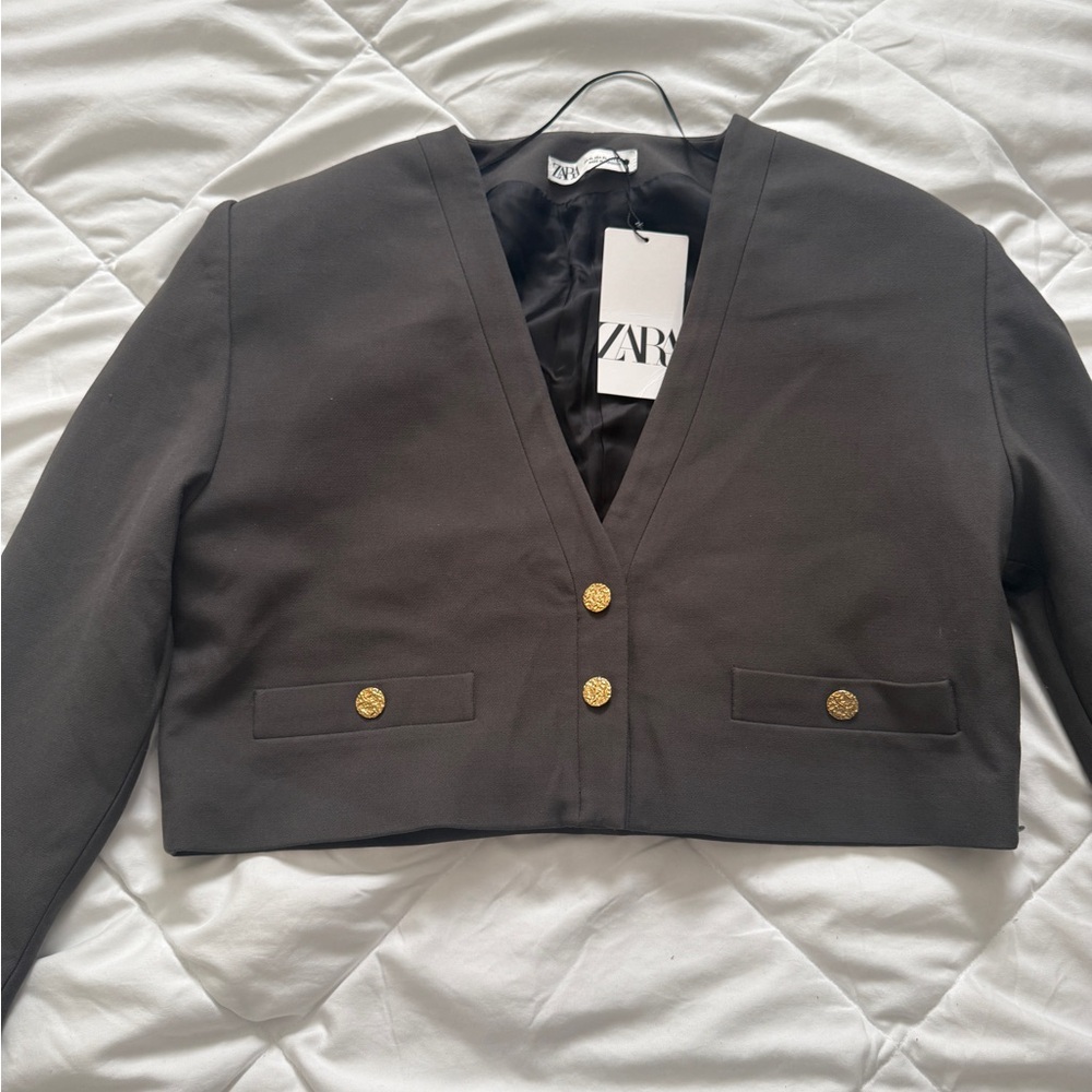 Zara Women's Dark Gray Blazer with Gold Buttons